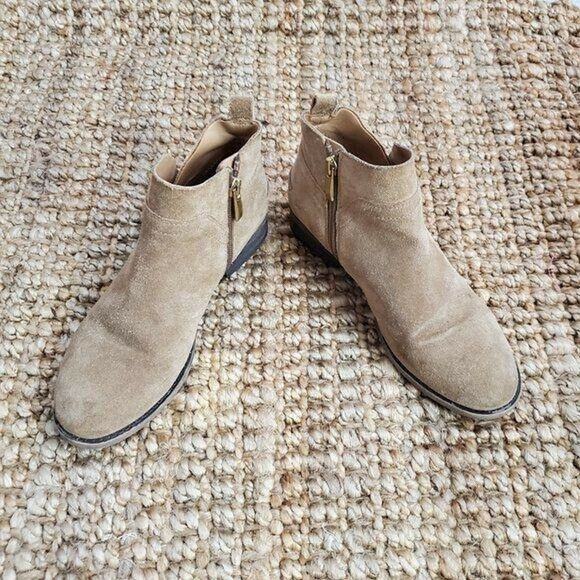 Franco Sarto Womens Booties Size 6 Beige Suede Studded Side Zip Almond Toe - Picture 2 of 9